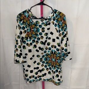 Adrienne Vittadini White Blouse with Blue and Gold Gemstone 💎 Accents